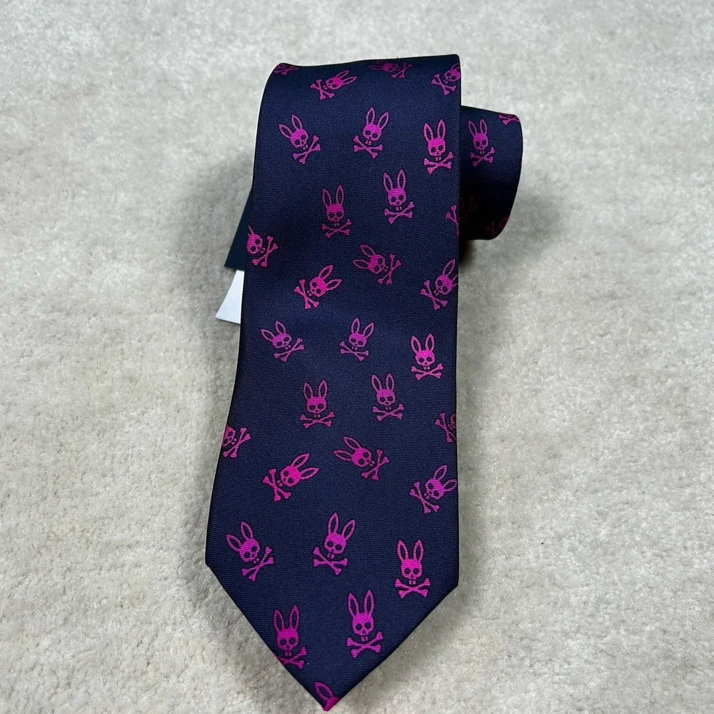 Psycho Bunny Men's 100% Silk Tie Logo All Over Print 58x3 Slim Woven